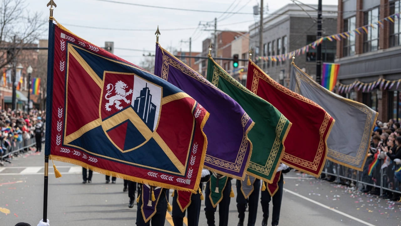 The following banners in the same parade: a purple gonfalon, a green field with gold knotwork, a red cloth, and a grey pennon, each gold-fringed, carried past brick storefronts, rainbow bunting, and a crowd behind barricades.