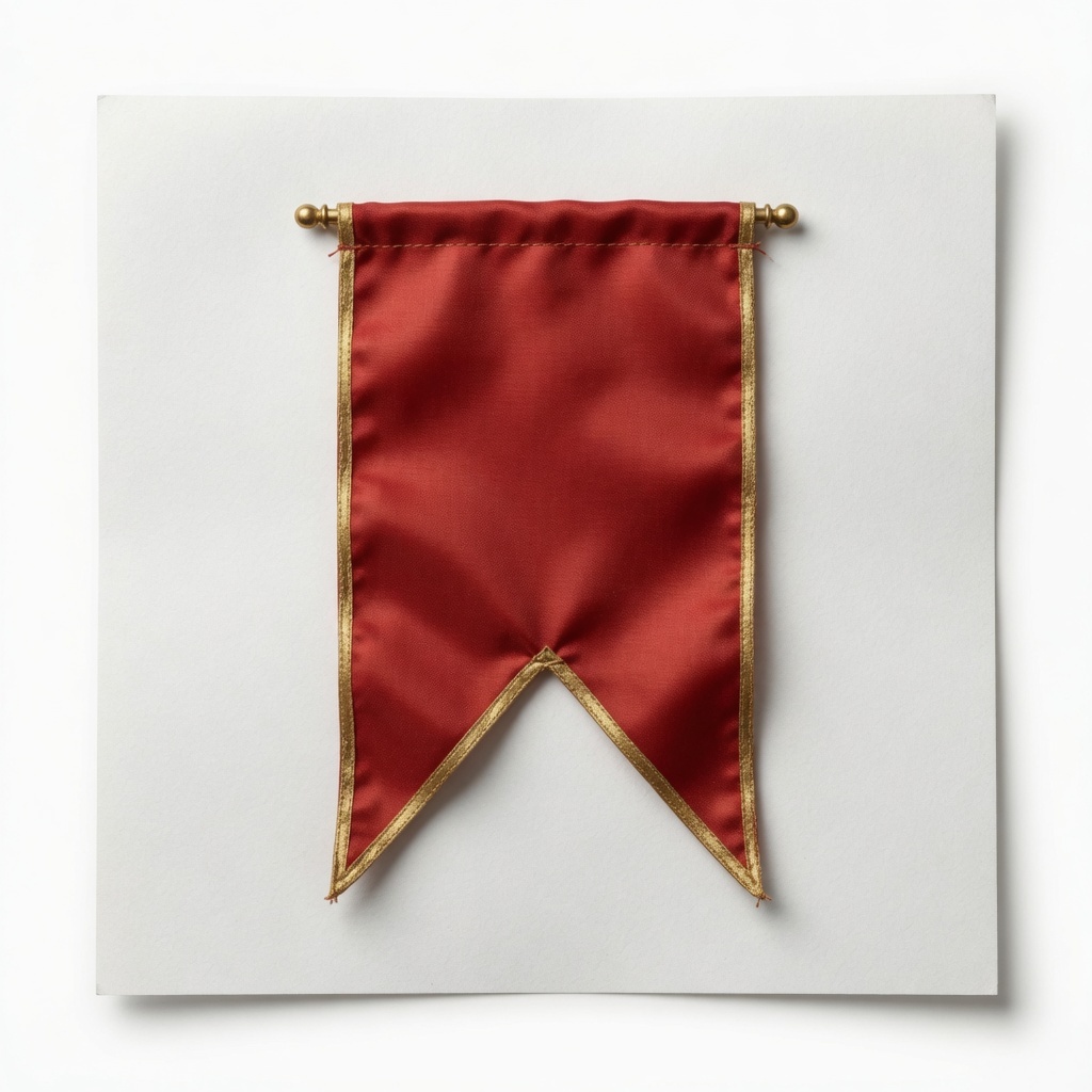 A swallowtail crimson silk pennon with gold braid hanging from a short brass rod, photographed on a white square card.